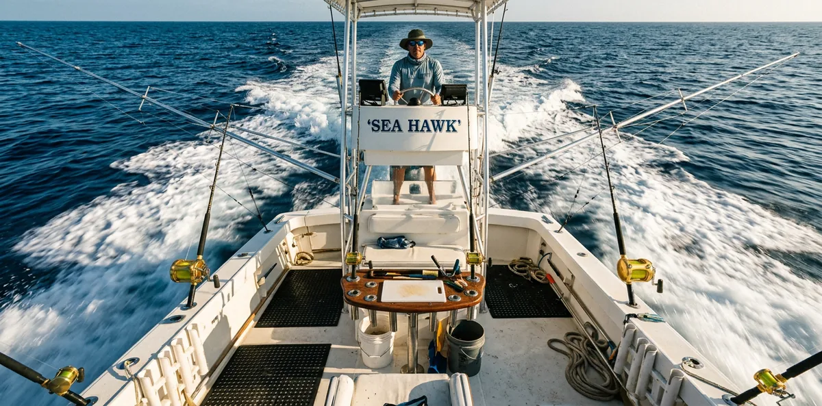 Hochseeangeln — Offshore-Big-Game-Jagd auf pelagische Arten über tiefem Kontinentalsockel — Marlin, Thunfisch, Mahi-Mahi vom Sportfishing-Boot.
