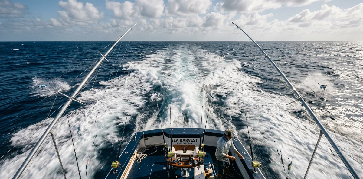 Trolling (Schleppangeln) — Köder oder Naturköder hinter dem Boot ziehen, um Fläche abzudecken — die Standardmethode für Marlin, Thunfisch und Mahi.